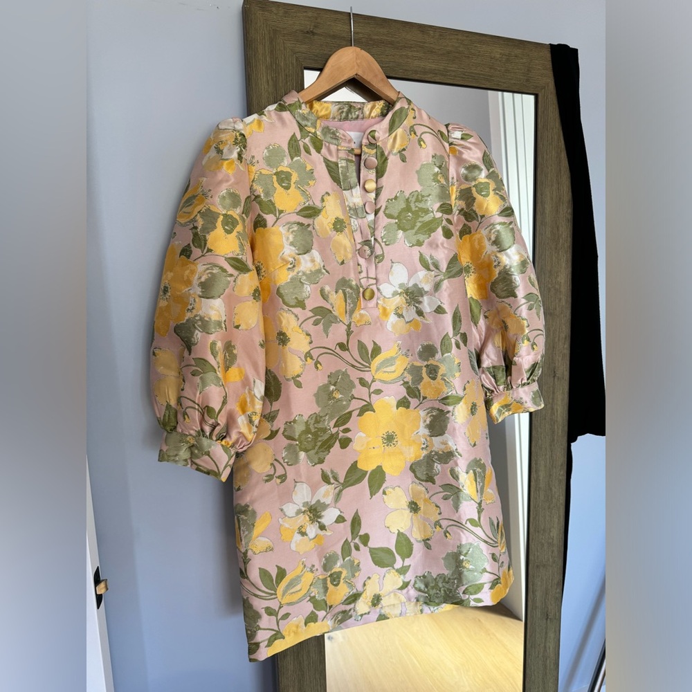 Tuckernuck Pink Floral Brocade Long Sleeve Dress with Yellow and Olive